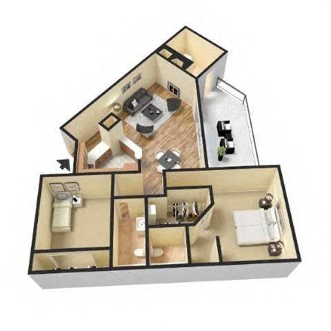 an illustration of a 3d floor plan with a bedroom and living room